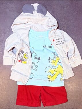 Disney Baby 3 Piece Outfit 18-24M Mickey Pluto Hoodie Tee Red Shorts Set